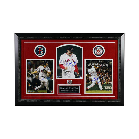 Boston Red Sox 2004 WS Championship Shadowbox + 3 Signed Photos + Replica Ring