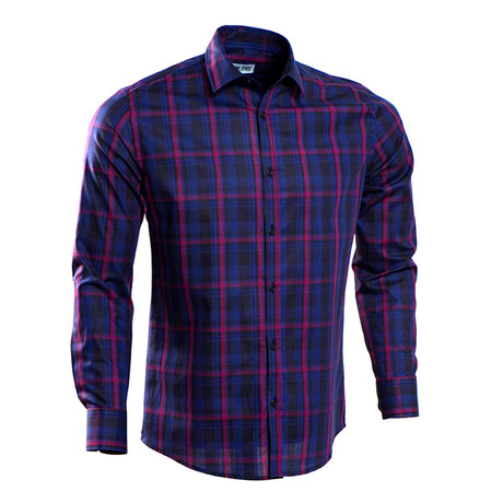 Ingram Checkered Slim Fit Button Up Shirt // Navy + Purple (2XL)