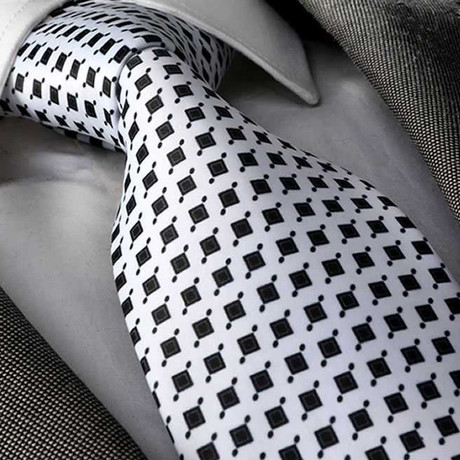 Square Pattern Silk Neck Tie // White + Black