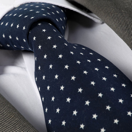 Star Pattern Silk Neck Tie // Navy Blue + White