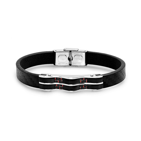 Black Leather Bracelet + Stainless Steel Carbon Fiber Accent