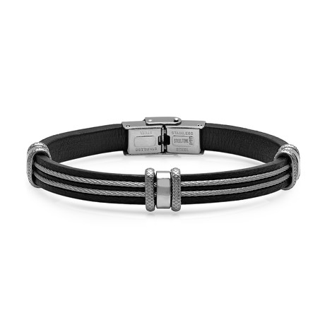 Black Leather Cable Wire Bracelet + Stainless Steel Accents