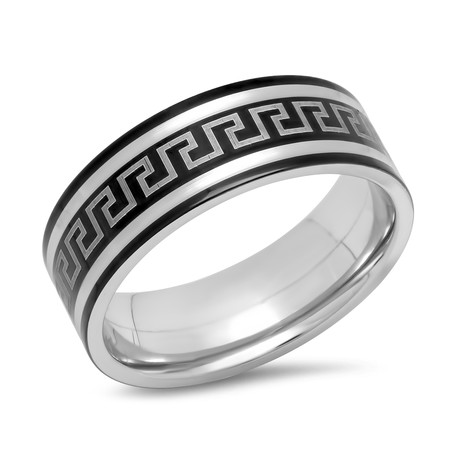 Stainless Steel + Black IP Greek Key Band Ring (Size 9)