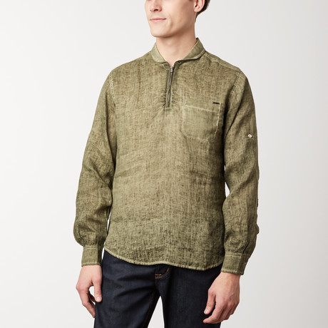 Collared Zip-Front Linen Shirt // Khaki (S)