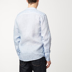 Band Collar Button Down Linen Shirt // Blue (L)