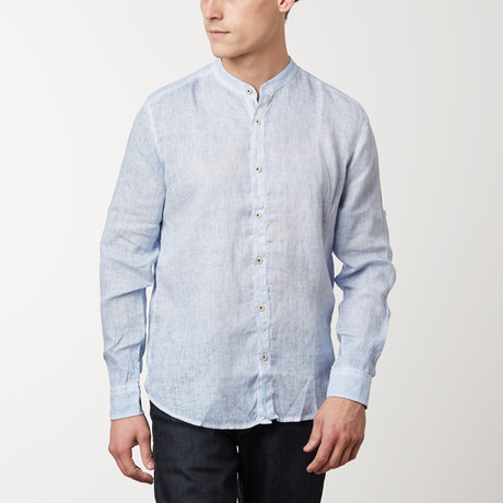 Band Collar Button Down Linen Shirt // Blue (S)