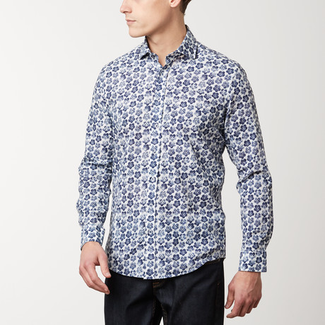 Fitted All-Over Printed Shirt // Ecru Navy (S)