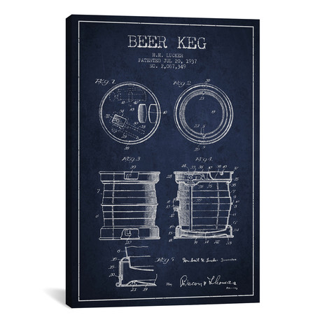 Beer Keg Navy Blue Patent Blueprint // Aged Pixel (26"W x 18"H x 0.75"D)