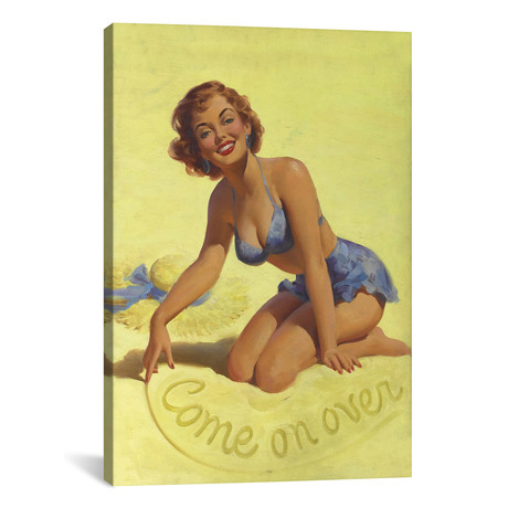 Come on Over Beach Pinup Girl Vintage Poster // Art Frahm (18"W x 26"H x 0.75"D)