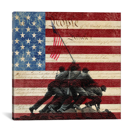 USA `Constitution` Flag (Iwo Jima War Memorial Background) (12"W x 12"H x 0.75"D)