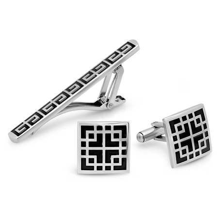 Greek Key Tie Bar + Accented Square Cufflinks Box Set // Metallic