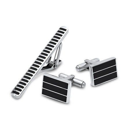 Striped + Black Enamel Cufflinks + Tie Bar // Set of 2