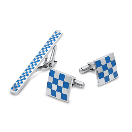 Checkerboard + Blue Enamel Cufflinks + Tie Bar // Set of 2