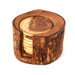 Olive Wood Rustic Holder + 8 Coasters
