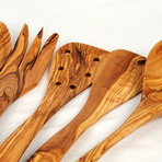 Olive Wood Utensil Holder + 4 Piece Utensil Set + Ladle