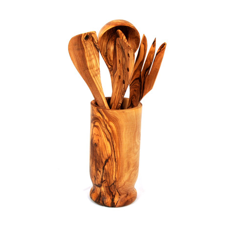 Olive Wood Utensil Holder + 4 Piece Utensil Set + Ladle