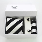 3pc Neck Tie Set + Gift Box // Black + White Stripes