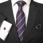 3pc Neck Tie Set + Gift Box // Blue + Red + Gold Stripes
