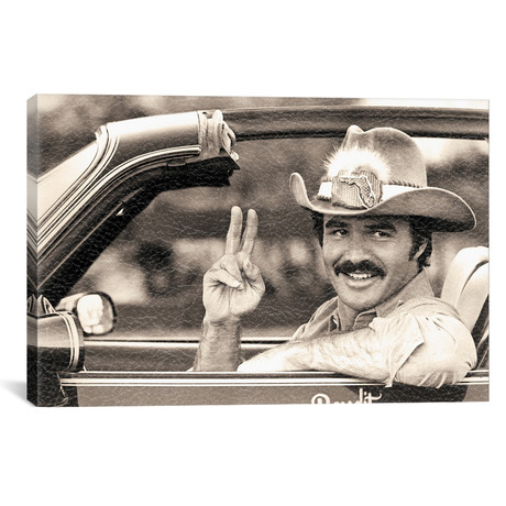 Film Still Of Burt Reynolds Doing A Peace Sign In A Car // Movie Star News // Sepia (26"W x 18"H x 0.75"D)