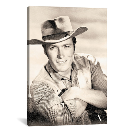 Clint Eastwood Smiling In Cowboy Attire Arms Crossed // Movie Star News // Sepia