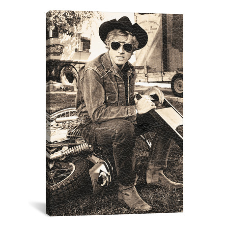 Robert Redford Wearing A Cowboy Hat On A Motorcycle // Movie Star News // Sepia (18"W x 26"H x 0.75"D)