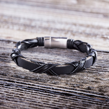 Leather Magnetic Bracelet // Black "X" Design