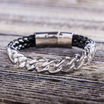 Curb Chain Double Leather Band Bracelet // Silver + Black