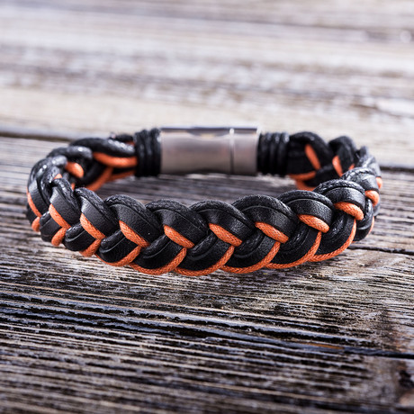 Braided Leather Magnetic Bracelet // Black + Orange