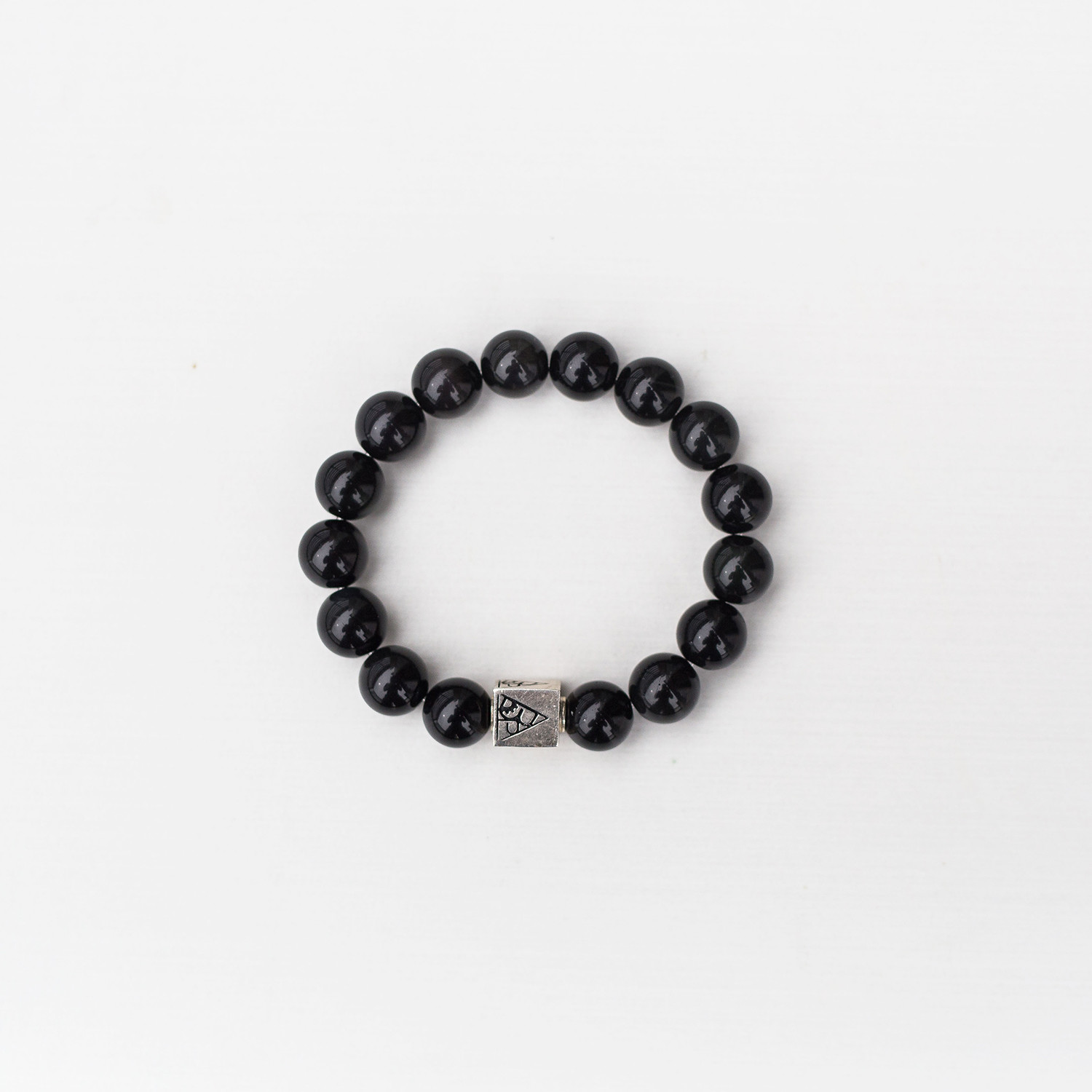Black Obsidian Bead Bracelet - 12MM // Silver Logo Bead (X-Small // 6.5
