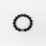 Black Obsidian Bead Bracelet - 12MM // Silver Logo Bead (X-Small // 6.5")