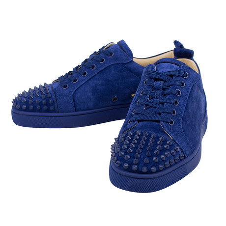 Christian Louboutin Blue Denim White Patent Leather Louis Junior Spikes Sneakers Size 6.5/37