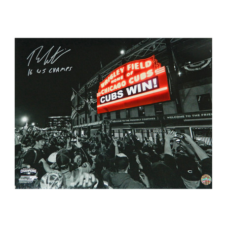 Theo Epstein Signed Chicago Cubs Wrigley Field Marquee 'Cubs Win' Spotlight // 16x20 Photo w/16 WS Champs