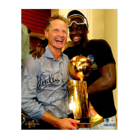 Steve Kerr Signed Golden State Warriors Holding 2017 NBA Champs Trophy With Draymond Green // 8x10 Photo