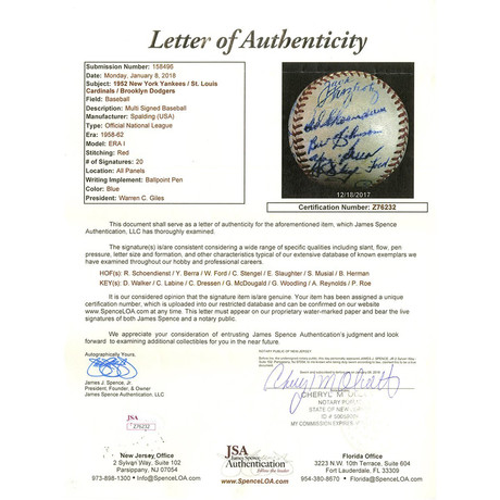 1952 Yankees + Dodgers + Cardinals Signed Baseball