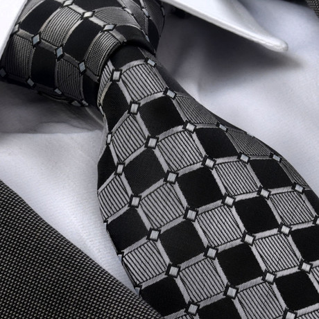 European Exclusive Silk Tie + Gift Box // Gray & Black Squares with White Dots