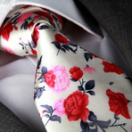 European Exclusive Silk Tie + Gift Box // White with Pink + Red Roses