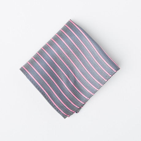 100% Silk Pocket Square // Grey + Pink Stripes