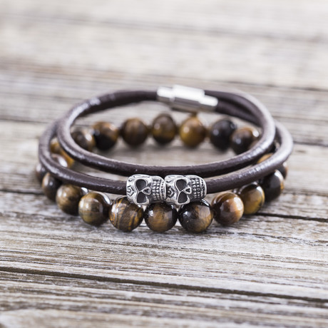 Leather Beaded Skull Feather Bracelet Set