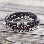 Chain + Beaded + Leather Trio Bracelet Set