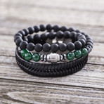 Leather Stripe Beaded Duo Bracelet Set // Green + Black