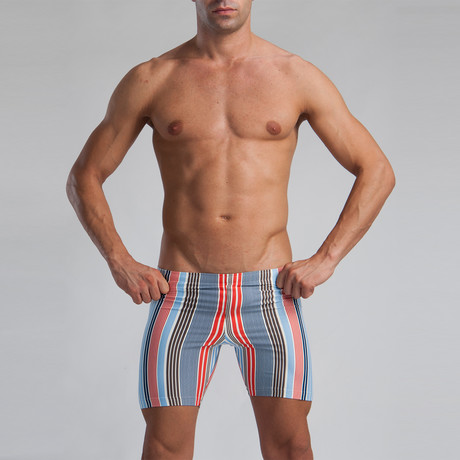 Striped Long Swimming Boxers // Blue + Red (S)