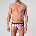 Floral Patterned Swimming Briefs // Purple + Black (XL)