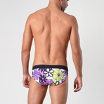 Floral Patterned Swimming Briefs // Purple + Black (XL)