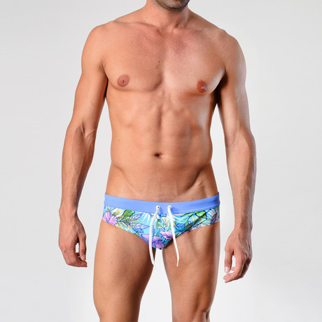 Hibiscus Patterned Swimming Briefs // Blue (S)