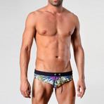 Hibiscus Patterned Swimming Briefs // Purple + Green (L)