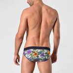 Hibiscus Patterned Swimming Briefs // Purple + Green (L)