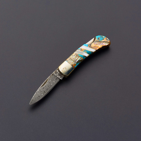 Damascus 3" Lock Back Gem Stone Exotics Kingmen // Turquoise