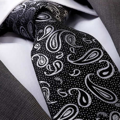 Metallic Paisley Silk Neck Tie // Black + Silver + Gray