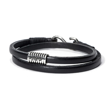 Leather Wrap + Sterling Coil Clasp Bracelet // Black (Small)