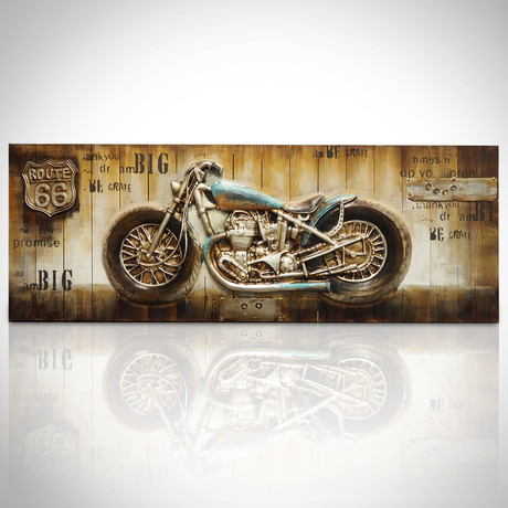Route 66 Motorcycle 3D Art // Wood Plank Oil Painting